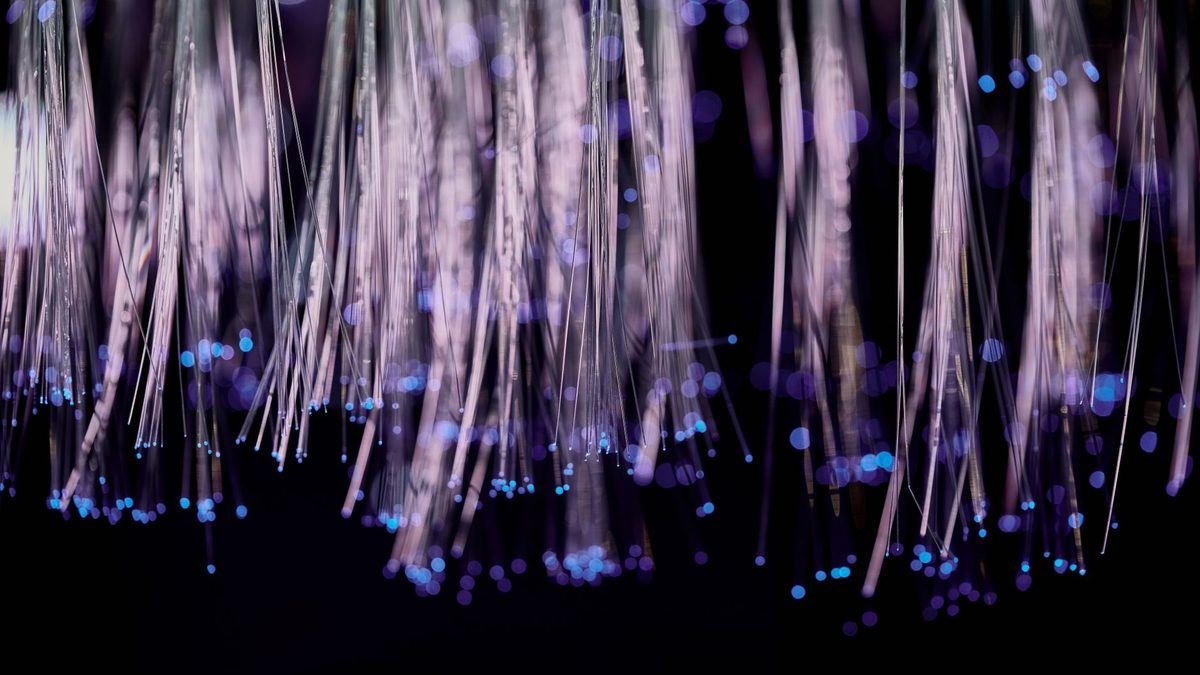 Fibre optic strands glowing against a dark background